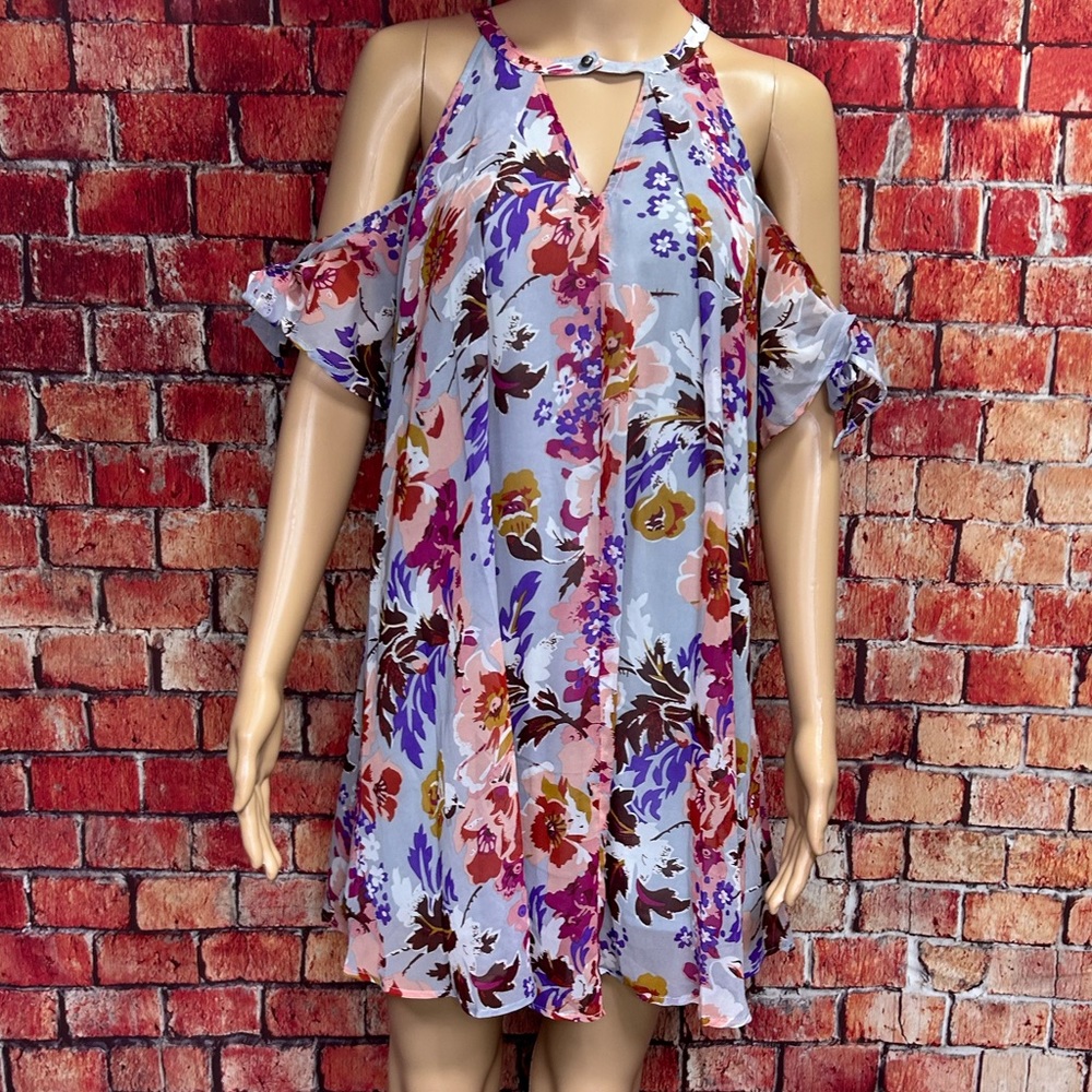 Umgee Floral Cold Shoulder‎ Keyhole Tunic Mini Dress